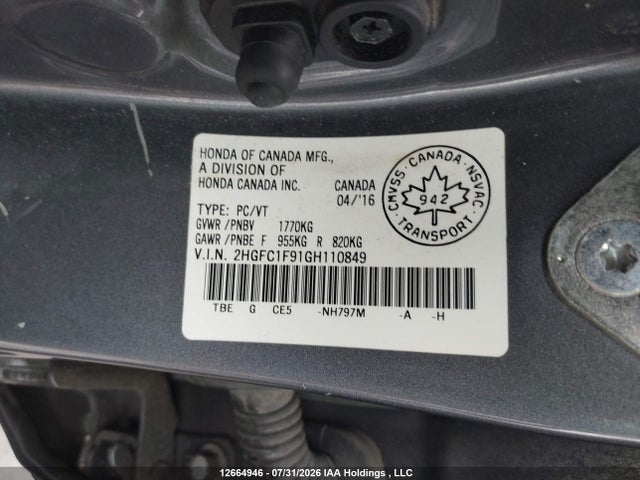 Honda Civic Touring 2016 2HGFC1F91GH110849 Image 9