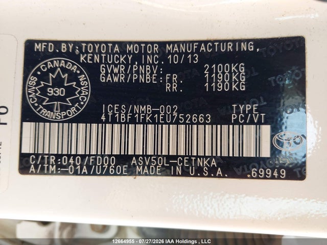 12664955 :رقم المزاد ، 4T1BF1FK1EU752663 vin ، 2014 Toyota Camry L/se/le/xle مزاد بيع