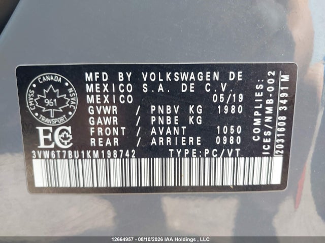 12664957 :رقم المزاد ، 3VW6T7BU1KM198742 vin ، 2019 Volkswagen Jetta Gli/35th Anniversary Edition/autobahn/s مزاد بيع