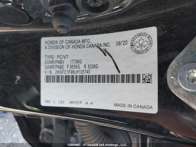 12664967 :رقم المزاد ، 2HGFC1F96LH105740 vin ، 2020 Honda Civic Touring مزاد بيع