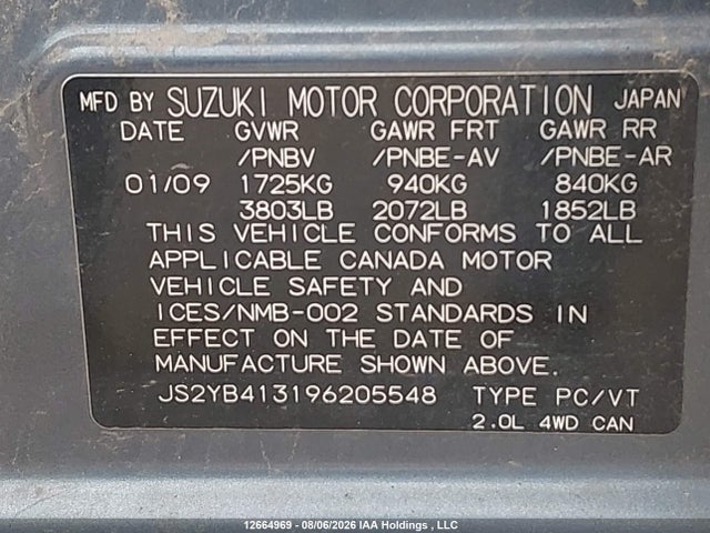 Aukcja sprzedaży 2009 Suzuki Sx4 Jx, vin: JS2YB413196205548, numer aukcji: 12664969