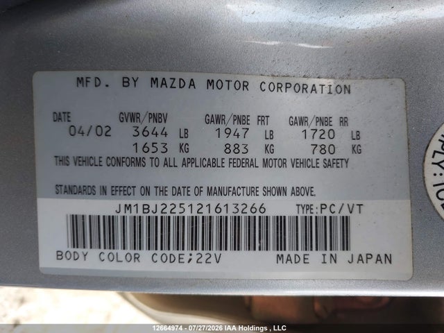 12664974 :رقم المزاد ، JM1BJ225121613266 vin ، 2002 Mazda Protege Es/lx مزاد بيع