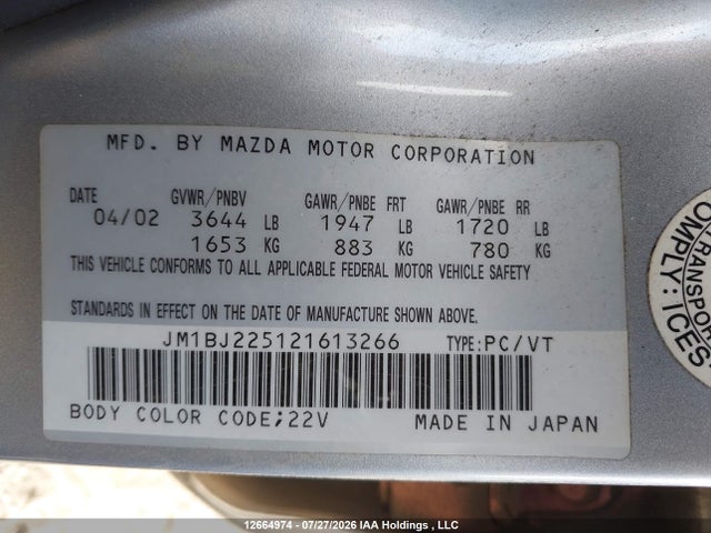 12664974 :رقم المزاد ، JM1BJ225121613266 vin ، 2002 Mazda Protege Es/lx مزاد بيع
