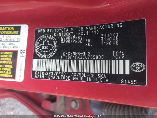 Продаж на аукціоні авто 2014 Toyota Camry L/se/le/xle, vin: 4T1BF1FK3EU765835, номер лоту: 12664988