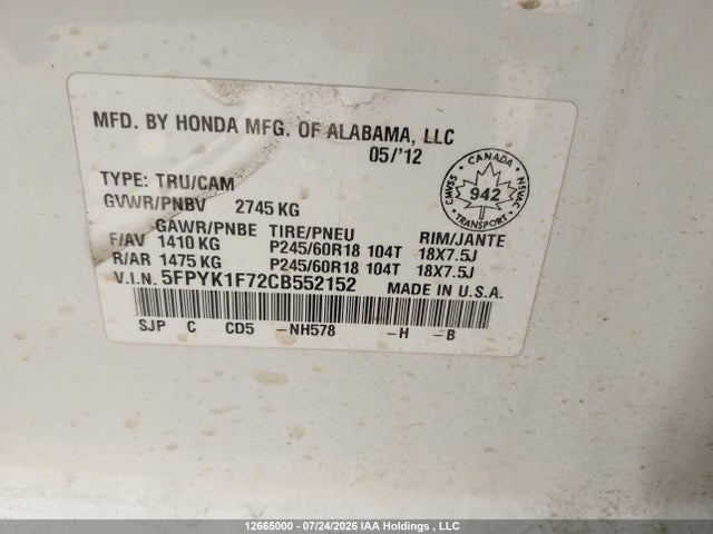 Продажа на аукционе авто 2012 Honda Ridgeline Sport, vin: 5FPYK1F72CB552152, номер лота: 12665000