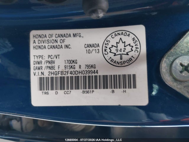 12665004 :رقم المزاد ، 2HGFB2F40DH039944 vin ، 2013 Honda Civic Lx مزاد بيع