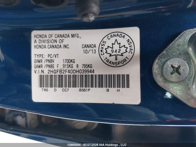 12665004 :رقم المزاد ، 2HGFB2F40DH039944 vin ، 2013 Honda Civic Lx مزاد بيع