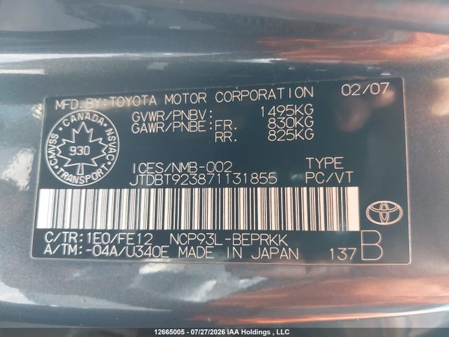 12665005 :رقم المزاد ، JTDBT923871131855 vin ، 2007 Toyota Yaris مزاد بيع
