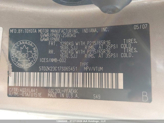 Продажа на аукционе авто 2007 Toyota Sienna Ce 7 Passenger/ce 8 Passenger/le 7 Passenger/le 8 Passenger, vin: 5TDZK23C17S065451, номер лота: 12665008