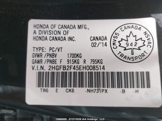 12665009 :رقم المزاد ، 2HGFB2F45EH008514 vin ، 2014 Honda Civic مزاد بيع