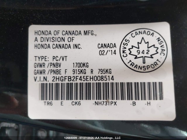 12665009 :رقم المزاد ، 2HGFB2F45EH008514 vin ، 2014 Honda Civic مزاد بيع