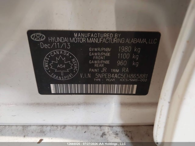 Aukcja sprzedaży 2014 Hyundai Sonata Gls, vin: 5NPEB4AC5EH865881, numer aukcji: 12665026
