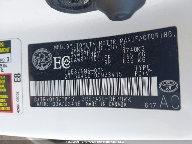 2013 Toyota Corolla S/le მანქანა იყიდება აუქციონზე, vin: 2T1BU4EE1DC923415, აუქციონის ნომერი: 12665030