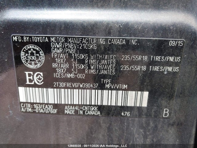 12665035 :رقم المزاد ، 2T3DFREV6FW390437 vin ، 2015 Toyota Rav4 Limited مزاد بيع