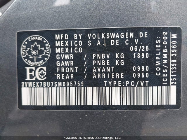 Aukcja sprzedaży 2025 Volkswagen Jetta Se, vin: 3VWEX7BU7SM095759, numer aukcji: 12665036