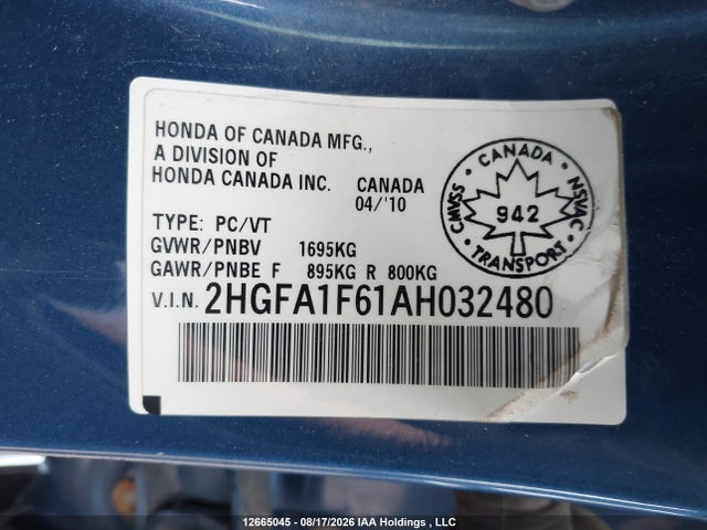 12665045 :رقم المزاد ، 2HGFA1F61AH032480 vin ، 2010 Honda Civic Lx-s مزاد بيع