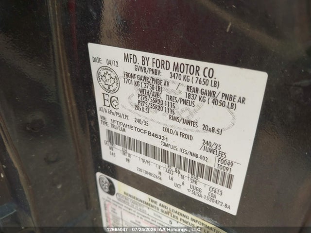 Aukcja sprzedaży 2012 Ford F150 Supercrew, vin: 1FTFW1ET0CFB48331, numer aukcji: 12665047