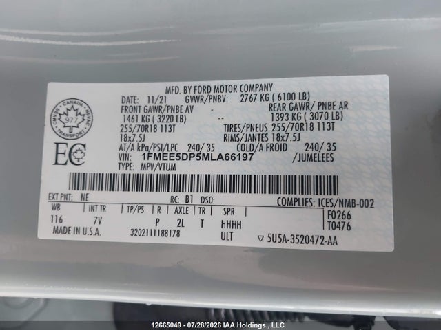 12665049 :رقم المزاد ، 1FMEE5DP5MLA66197 vin ، 2021 Ford Bronco Big Bend/black Diamond/outer Banks/badlands/wildtrak مزاد بيع