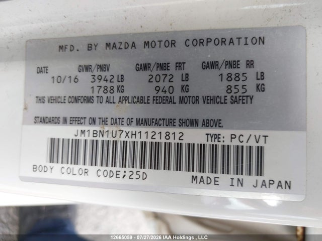 Продажа на аукционе авто 2017 Mazda 3 Sport, vin: JM1BN1U7XH1121812, номер лота: 12665059