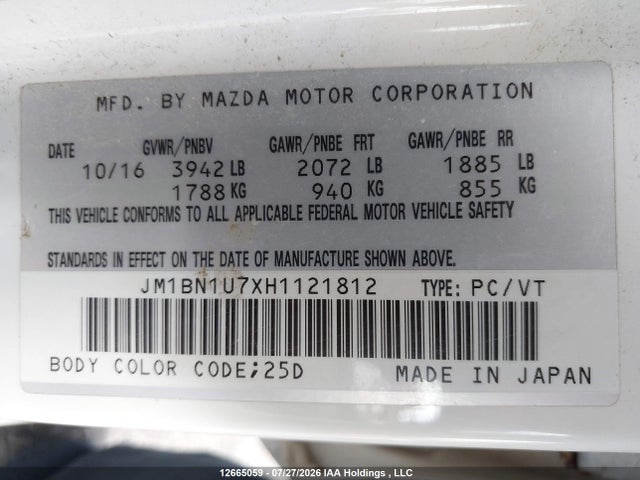 Продаж на аукціоні авто 2017 Mazda 3 Sport, vin: JM1BN1U7XH1121812, номер лоту: 12665059