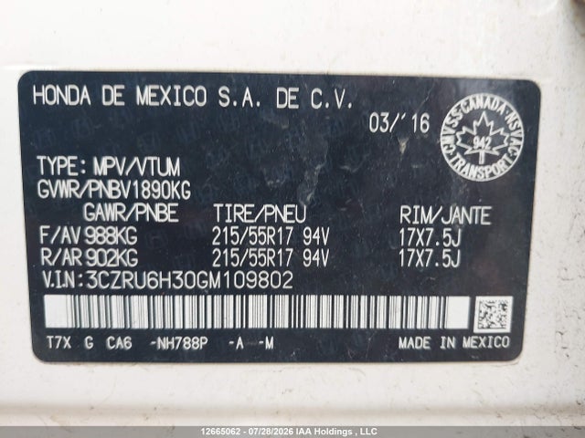 Продажа на аукционе авто 2016 Honda Hr-v, vin: 3CZRU6H30GM109802, номер лота: 12665062
