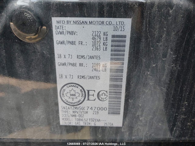 5N1AT2MV5GC747000 Nissan Rogue S/sl Premium/sv