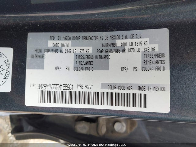Aukcja sprzedaży 2015 Mazda Mazda3 Gs, vin: 3MZBM1V77FM155981, numer aukcji: 12665079