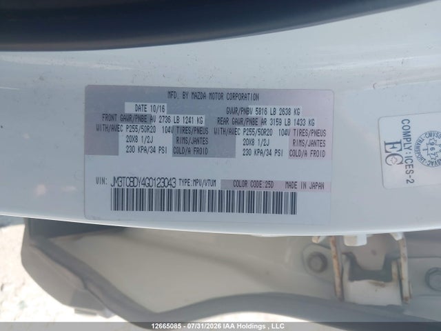 12665085 :رقم المزاد ، JM3TCBDY4G0123043 vin ، 2016 Mazda Cx-9 Grand Touring مزاد بيع