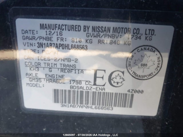 3N1AB7AP0HL668563 Nissan Sentra 1.8 S/1.8 Sl/1.8 Sv