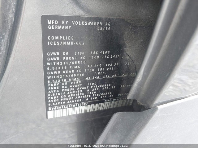 2015 Volkswagen Tiguan S/se/sel/r-line მანქანა იყიდება აუქციონზე, vin: WVGHV7AX1FW533307, აუქციონის ნომერი: 12665098