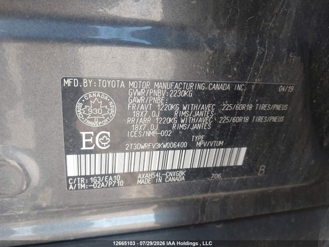 Toyota Rav4 Limited 2019 2T3DWRFV3KW006400 Image 9