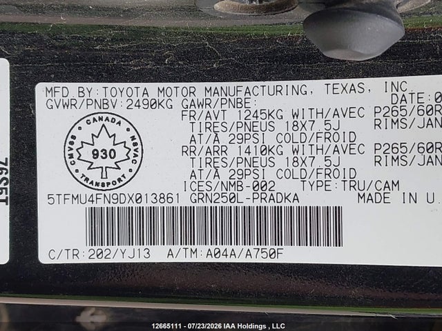 2013 Toyota Tacoma Double Cab Long Bed მანქანა იყიდება აუქციონზე, vin: 5TFMU4FN9DX013861, აუქციონის ნომერი: 12665111