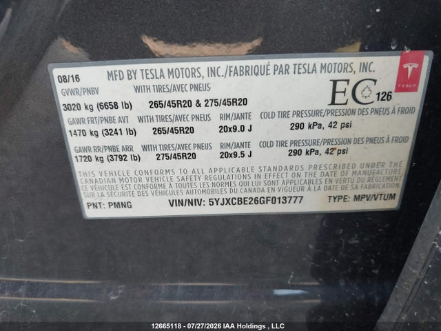 Tesla Model X 60d/70d/75d/90d/p100d 2016 5YJXCBE26GF013777 Image 9