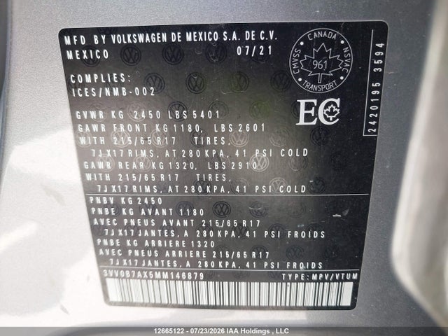 12665122 :رقم المزاد ، 3VV0B7AX5MM146879 vin ، 2021 Volkswagen Tiguan S مزاد بيع