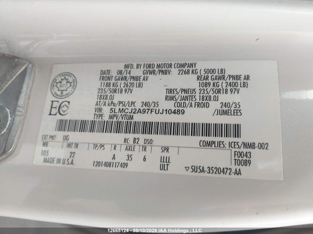 12665124 :رقم المزاد ، 5LMCJ2A97FUJ10489 vin ، 2015 Lincoln Mkc مزاد بيع