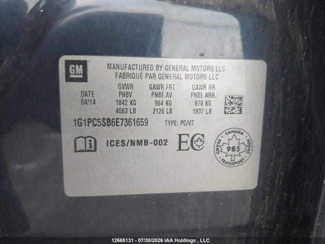1G1PC5SB6E7361659 Chevrolet Cruze 1lt