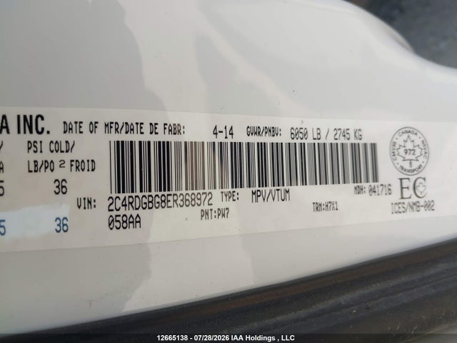 Aukcja sprzedaży 2014 Dodge Grand Caravan Se/sxt, vin: 2C4RDGBG8ER368972, numer aukcji: 12665138