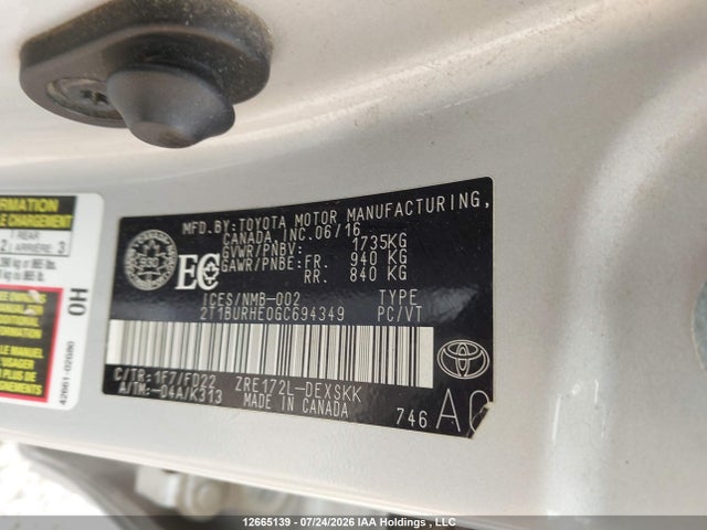12665139 :رقم المزاد ، 2T1BURHE0GC694349 vin ، 2016 Toyota Corolla L/le/le Pls/prm/s/s Pls مزاد بيع