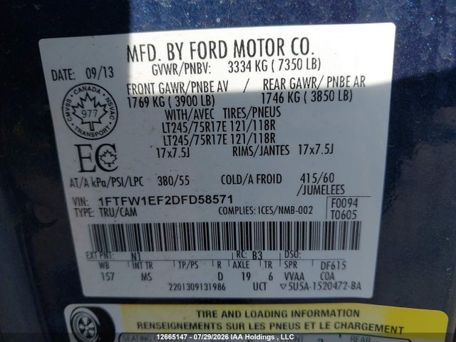 Продажа на аукционе авто 2013 Ford F-150 Xlt, vin: 1FTFW1EF2DFD58571, номер лота: 12665147