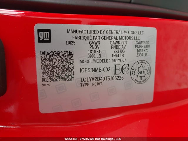 1G1YA2D40T5105226 Chevrolet Corvette Stingray 1lt