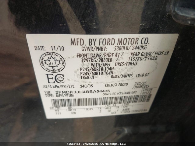 2011 Ford Edge Sel მანქანა იყიდება აუქციონზე, vin: 2FMDK3JC4BBA54436, აუქციონის ნომერი: 12665164