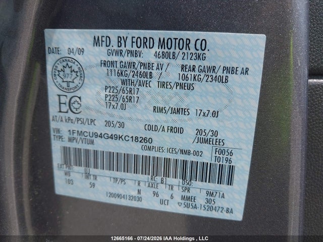 Продажа на аукционе авто 2009 Ford Escape Limited, vin: 1FMCU94G49KC18260, номер лота: 12665166