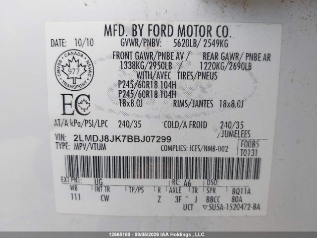 12665180 :رقم المزاد ، 2LMDJ8JK7BBJ07299 vin ، 2011 Lincoln Mkx مزاد بيع