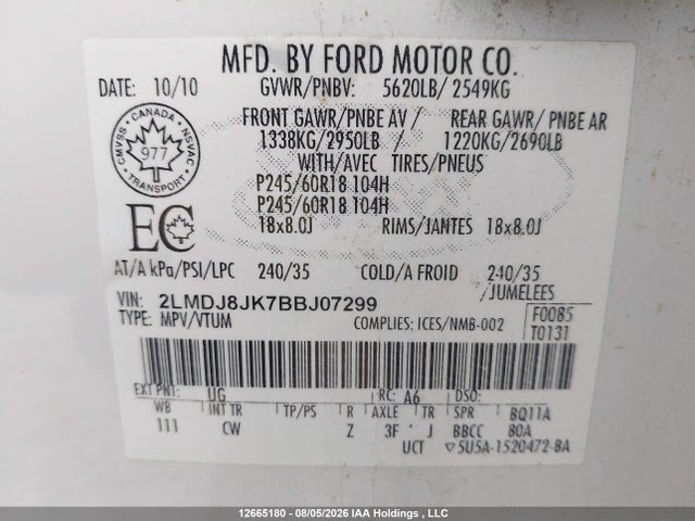 12665180 :رقم المزاد ، 2LMDJ8JK7BBJ07299 vin ، 2011 Lincoln Mkx مزاد بيع