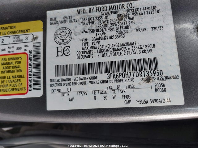12665182 :رقم المزاد ، 3FA6P0H77DR135950 vin ، 2013 Ford Fusion Se مزاد بيع