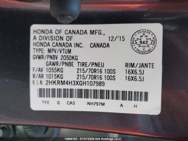 Auction sale of the 2016 Honda Cr-v, vin: 2HKRM4H3XGH107989, lot number: 12665183