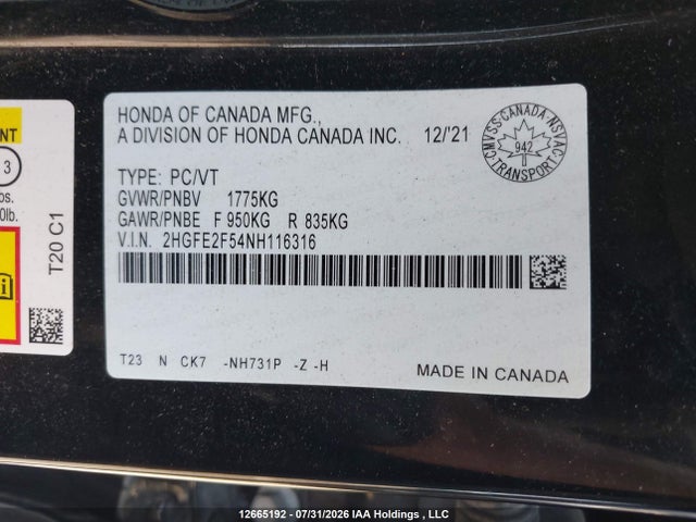 12665192 :رقم المزاد ، 2HGFE2F54NH116316 vin ، 2022 Honda Civic Sport مزاد بيع