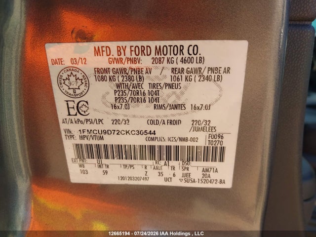 2012 Ford Escape Xlt მანქანა იყიდება აუქციონზე, vin: 1FMCU9D72CKC30544, აუქციონის ნომერი: 12665194