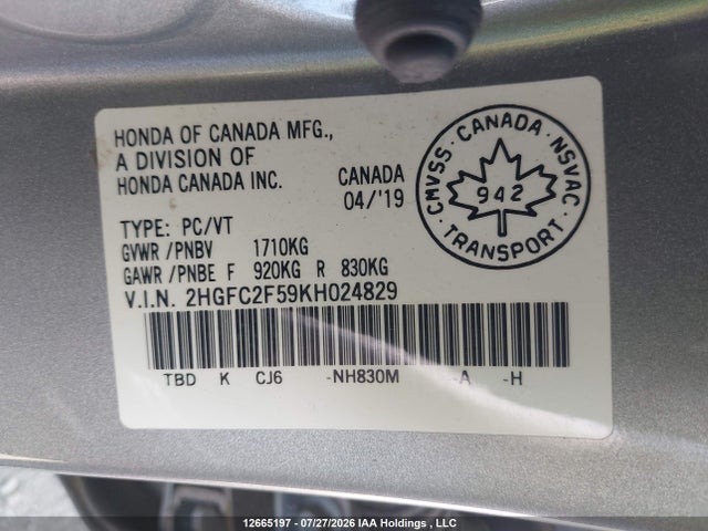 Honda Civic Lx 2019 2HGFC2F59KH024829 Image 18