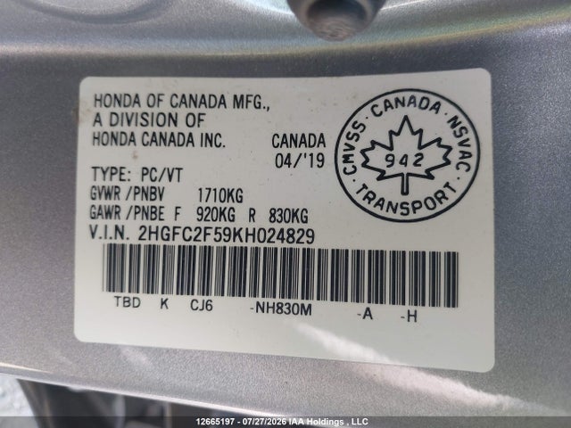 Honda Civic Lx 2019 2HGFC2F59KH024829 Image 9